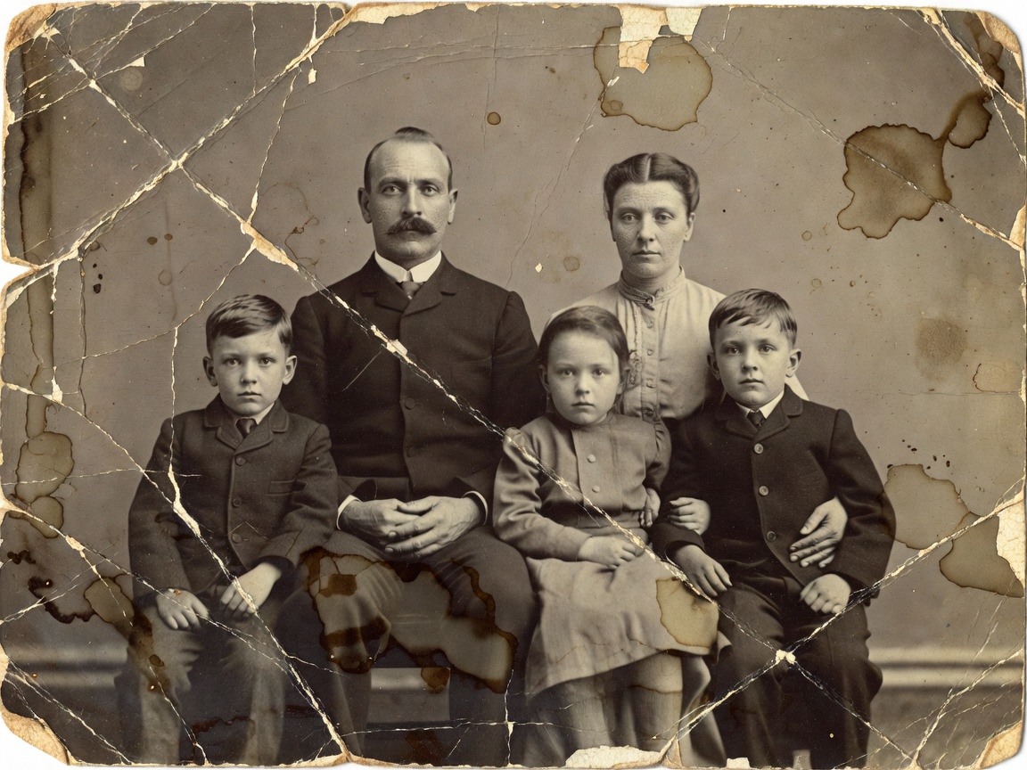 Damaged sepia family portrait