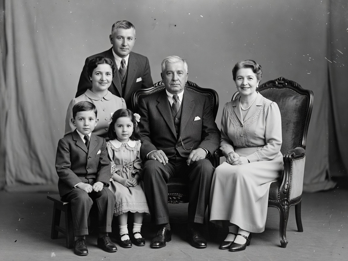 Restored black and white family portrait